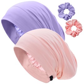 Satin Lined Bonnet for Sleeping Women Men - Adjustable Sleep Cap, Slouchy Beanie Hair Wrap for Curly Braid Locs, L Pink, Purple