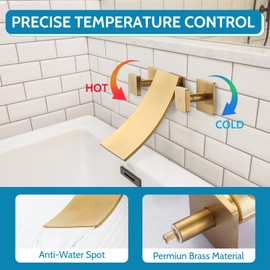 Wall Mount Waterfall Tub Filler, High Flow Bath Tub Faucet 3 Holes Bathroom Faucets Two Handles Solid Brass, Brushed Gold