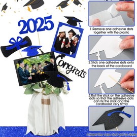 Qinyoung 2025 Graduation Decorations 30 Pcs Glittering Graduation Centerpiece for Tables Sticks Class of 2025 Grad Photo Centerpiece Party Decoration for Table Toppers(Blue)