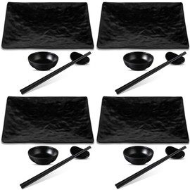 Didaey 16 Pcs Sushi Plate Set for Four, 4 Japanese Style Melamine Sushi Plates 4 Soy Sauce Bowls 4 Pair Chopsticks and 4 Chopstick Holders Sushi Dinner Dinnerware Set