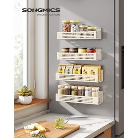 SONGMICS Magnetic Spice Rack for Refrigerator, Set of 4, 2 Large and 2 Small Kichen Magnetic Shelves for Microwave, Washing Machine, Spice Organizers, No Drilling Needed, Cream White UKCS061W01