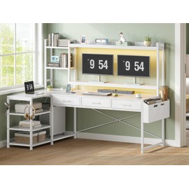 SEDETA 55" White Corner Computer Desk with Storage, L Shaped Desk with Fabric Drawers and Hutch, Reversible L Shaped Gaming Desk with Power Strip & LED Lights, Monitor Stand, Headphone Hook, White