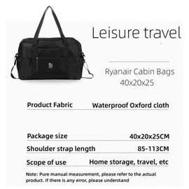 JIIJCAAC 40x20x25cm Cabin Bag - Carry On Holdall Duffel Bag with Shoulder Strap - Airline Approved Cabin Luggage (Black)