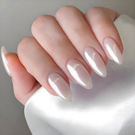 24PCS White Aurora Press on Nails, Almond Shape Glossy False Nails with Accessory Tools, Reusable Stick-on for Women, Multi Sizes for DIY Art, Glamorous & Long-lasting