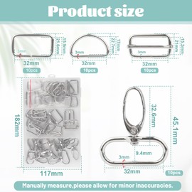 SWAWIS 70 Pieces/40 Pieces Swivel Snap Hook Set, 25 mm/32 mm D-Rings Sliding Buckles Rectangular Rings Rotating Carabiner Hooks for Bags Strap Costumes Backpack Dog Lead DIY (Silver/Bronze), 32mm