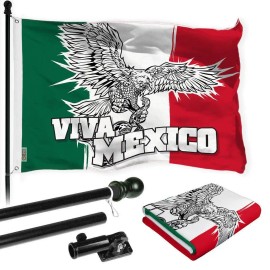 UD_G128 Combo Pack: 6 Ft Tangle Free Spinning Flagpole (Black) & Mexico Viva Mexico Flag 3x5 Ft Printed 150D Polyester, Brass Gr