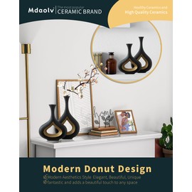 Mdaolv Black Gold Donut Vase Set 2Pcs Decorative Vases for Home Decor Extra Large Matte Black Vases for Decor Living Room Table Entryway Shelf Bookcase Mantel or Fireplace Decorations (Rough Matte)