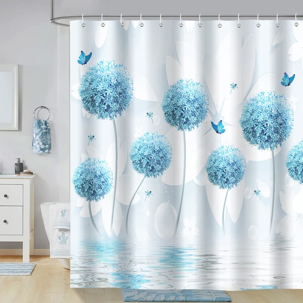 Bonhause Shower Curtain Dandelion Blue Flower Butterfly 180 x 180