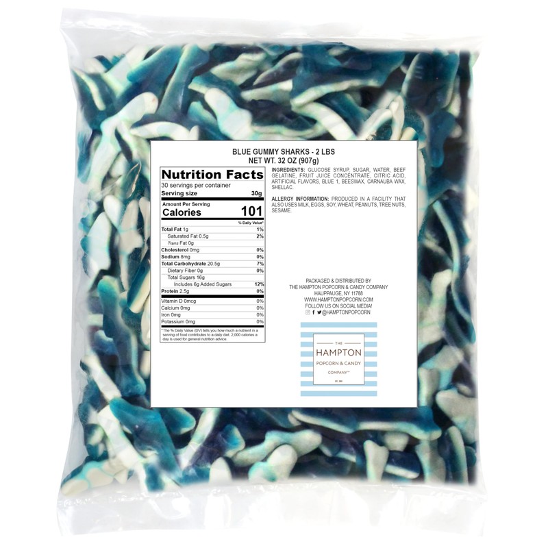 Blue Gummy Sharks Candy, 2 Pound Bulk Bag, The Hampton