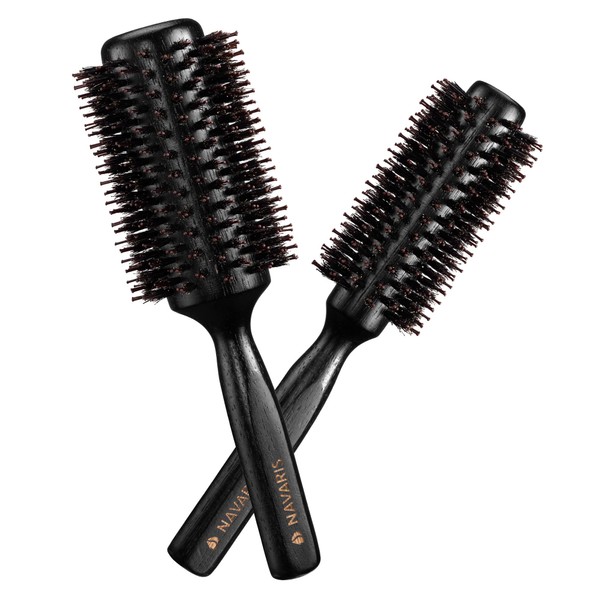 Navaris Round Brush Hair Brush with Boar Bristles – 2-Piece Set Round Brushes with Natural Bristles – Wooden Brushes – A