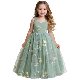 2Bunnies Girl Enchanted Floral Embroidered Tulle Flower Lace A-Line Garden Party Flower Girl Dress (Sage Bow Maxi, 7/8)