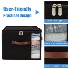 VinneGenzz Storage Bins with Zipper Lid Fabric Storage Box Basket with Side Clear Window PU Leather Handles Decorative Collapsible Washable Shelf Closet Clothes Organizer Container (Black, Small)