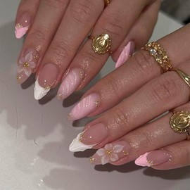 TESGADGETS 24 Pieces Elegant Pink and White Color Gradient Almond False Nail Tips Decorated with 3D Flower and Pearl Pattern Suitable for Daily and Party