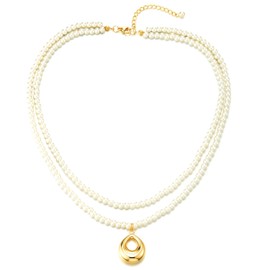 Two-Strand Pearl Necklace, Statement Necklace Elegant Layered Pearl Chains with 18K Gold-Plated Oval Charm
