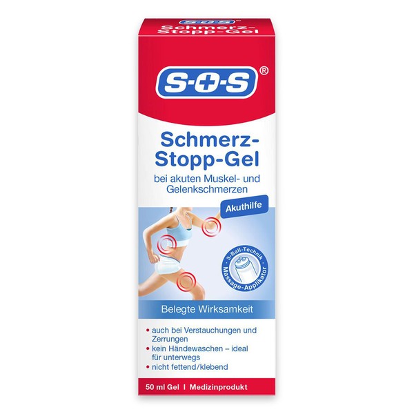 SOS Pain Stop Gel Pain Gel for Quick Relief of Muscle Pain, Joint Pain and Post Traumatic Pain with Massage Applicator and Cold Warm Effect, 1 x 50ml Gel