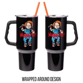 Silver Buffalo Chucky Holding Knife Wanna Play Spooky Scary Stainless Steel Tumbler with Handle and Straw, Fits in Standard Cup Holder, 40 Ounces