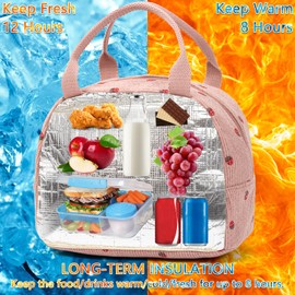 Pink Insulated Kids Lunch Bags, Strawberry Kids Lunch Bags Cooler Tote, Cream Cooler Tote Lunch Box for Women & Kids, Large Lunch Box for Women, Femme Womens Lunch Bag for Work, Picnic, Camping