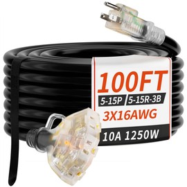 PlugSaf 100 FT 16/3 Gauge Outdoor Extension Cord with Multiple Outlets Light Indicator, Flexible 3 Outlet Weatherproof Extension Cord Waterproof Black, 10A 1250W 16AWG SJTW, ETL Listed