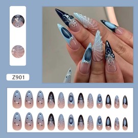 Rilafuvu Press on Nails Long Fake Nails with Polka Dots Designs Glue on Nails Blue Ombre Nails Press ons Glossy Acrylic Nails Almond Artificial Nails Stiletto Press on Nail 3D Wave Nails Flower Nails