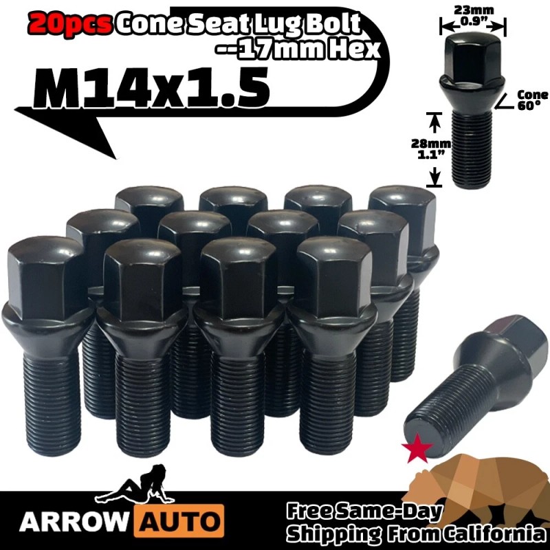 ARROW 20pcs Black M14x1.5 Cone Seat Lug Bolt 28mm Shank/17mmHex
