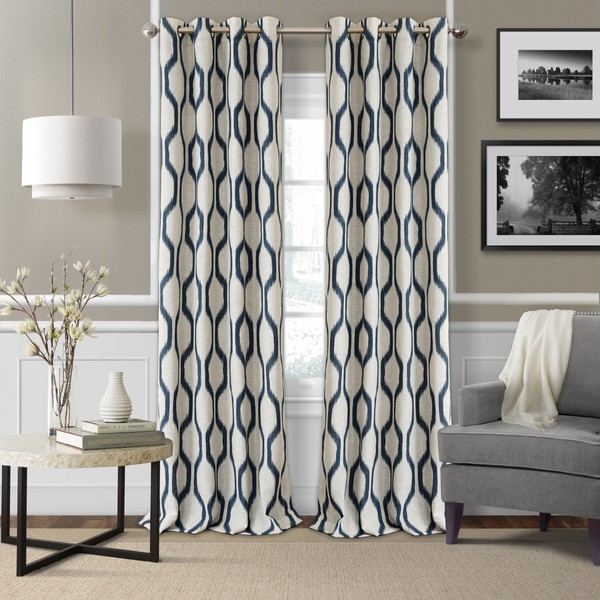 Elrene Home Fashions Renzo Ikat Geometric Linen Room Darkening Window Curtain Panel, 52" x 95" (1, Indigo