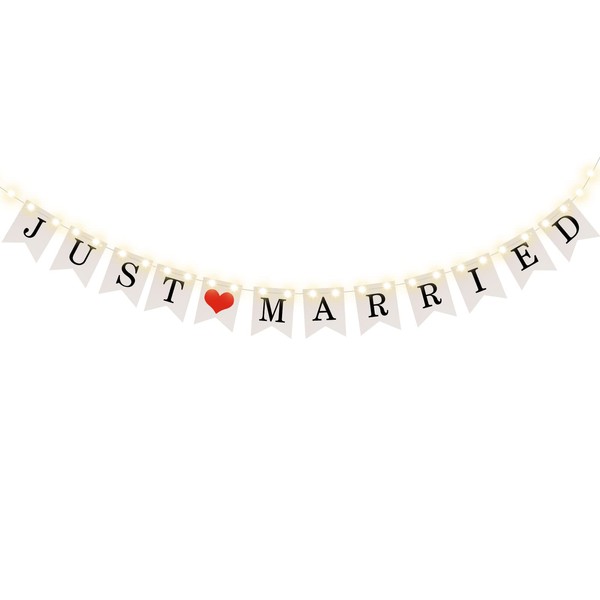 Just Married Banner, Wedding Bunting Banner with 8 Flicker Mode LED Fairy String Light, Hanging Sign Garland Pennant Photo Booth Props for Bridal Shower Wedding Engagement Car Party Decoration