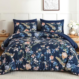 Mybedsoul Floral King Size Comforter Set, 7 Pieces Navy Blue Botanical Soft Bed in a Bag, Tree Branches & Birds Print Bedding Set with Sheets, Pillowcases & Shams for All Season (90"x104")