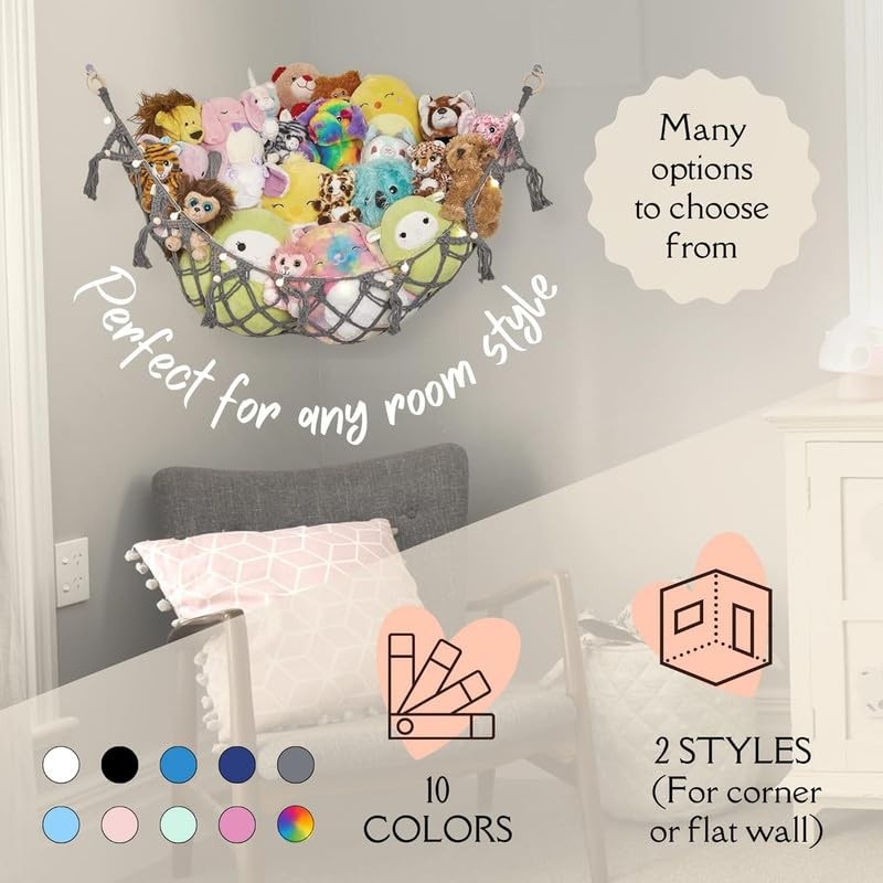 Stuffed Animal Storage Macrame Hammock w/String Lights for Flat Walls