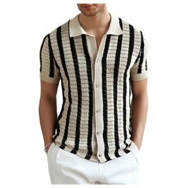 BEAUDRM Men's Striped Crochet Shirts Hollow Out Button Down Shirts Knit Short Sleeve Casual Vacation Top Khaki Small