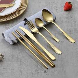 Evanda Portable Utensils, Travel Camping Cutlery Set, Stainless Steel Flatware Set Travel Silverware Dinnerware Set with a Portable Case (Gold)