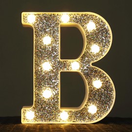 KANLONG LED Marquee Light Up Letters, 26 Alphabet Lighted Letter and 10 Number, Battery Powered Night Light for Room Decor, Home Birthday Wedding Bar Party Decoration, Shiny Silver Diamond (Letter B)