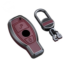 SANRILY Keyless Wine Red 2 Button Key Fob Cover Fit for Benz G Class W463 GLK A B S M AMG Class Metal Leather for Mercedes Key Case Shell with Keychain