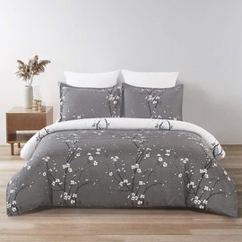 YEPINS Soft Brushed Microfiber Duvet Cover Set with Zipper Closure and Corner Ties, Plum Blossom/Branch Floral Printed Pattern, Grey and White Color, Reversible Design, King Size(104x90 Inches)