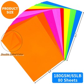 80 Sheets Fluorescent Coloured Cardstock - 8 Colours Art Crafts Construction Paper, A4 Size 65lb/180gsm Bright Colour Card Stock Paper for Printer, Cards Making, Invitations, Scrapbooking PAC07