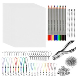 SUPRBIRD Pack of 188 shrink film set, 20 pieces shrink film for crafts, including 12 coloured pencils, 155 key ring accessories, key ring, earring hole punch, for DIY craft decorations