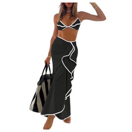 SHENHE - Conjunto de bikini de cadena para mujer, 3 piezas, triangular, con falda cubierta