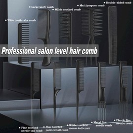 Hair Comb, 10 Pcs Fine and Wide Tooth Comb Set, Rat Tail Comb Professional Barber Comb for Women or Men Various Stying Curly and Straight Hair