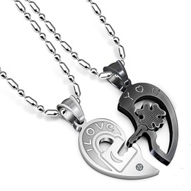 BUKYCAT Puzzle Heart Couple Necklace with Engraving I Love You, Stainless Steel Couple Heart Puzzle Necklace, Friendship Necklace, Half Heart Pendant Necklace for Couples, Women, Men, Friend,