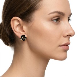 FAIRY COUPLE Rose Flower Stud Earrings for Women, Black Enamel Camellia Style Stud Earrings, 18K Rose Gold Plated Fashion Statement Earrings, Elegant Floral Jewelry Gift E360