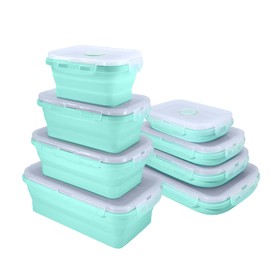 BJ Collapsible Food Storage Containers with Lids, Set of 4 Rectangle Bowls for Camper Storage and Organization, Cool Stuff for RV Camping Accessories for Inside Must Haves, Flat Box Stacks, Blue