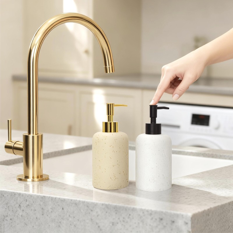 SEICASAYA 13.5 oz Bathroom & Kitchen Countertop Soap Dispenser, Travertine-Look