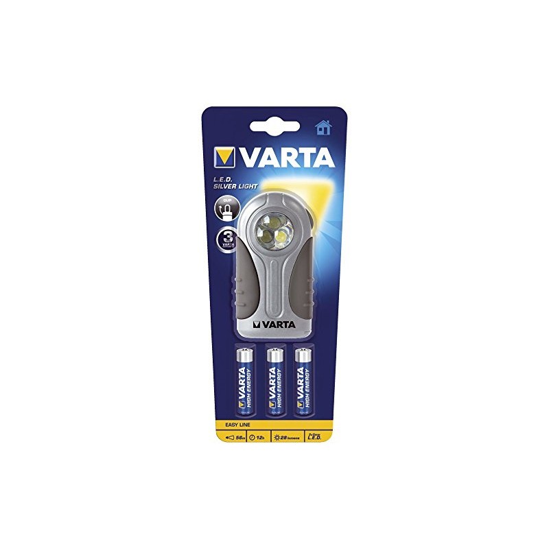 Varta LED Silver Light 3 AAA Flashlight, Black, Silver, Transparent,