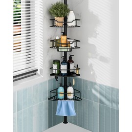 Dimyno Corner Shower Caddy Tension Pole, 4 Tier Adjustable Rustproof Shower Organizer Tension Pole, 25-125 Inch Bathroom Shower Organizer for Bathtub Shampoo Storage, Black