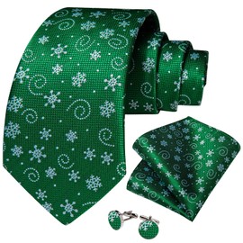 DiBanGu Mens Christmas Tie Set Funny Festive Tie Woven Pocket Square Cufflinks Set with Gift Box, Green/White Snowflake
