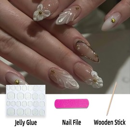 FNKFNK White French Tip Press on Nails Medium Almond Fake Nails with 3D Flower Water Ripple Design Glossy Ocean Shell False Nails Reusable Artificial Acrylic Nails for Women 24Pcs