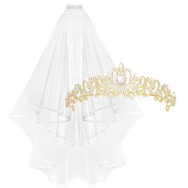YARIEW Gold Crown + Bride Veil Set, Rhinestone Wedding Bridal Tiara, Bridal Shower Decorations, Bride Headband Veil Bachelorette Party Decorations Prom Bridal Shower Birhday Gift for Women and Girls