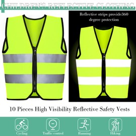 Unittype 10 Pcs Kids Safety Vest Bulk High Visibility Reflective Neon Traffic Vest with Zipper for Aged 3-10 Children(Fluorescent Green)