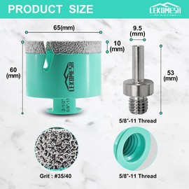 LEKOMESH Diamond Core Drill Bits - 2-1/2 Inch(65mm) with 5/8"-11 Thread Tile Hole Saw Cutter & Triangle Shank Adapter for Porcelain Ceramic Tile Marble Granite Stone Quartz