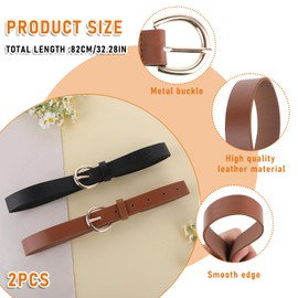 Molain 2 Pack Girls Belt, 32.3 Inch Kids Elastic Belt PU Leather Waist Belt with Double O Ring Buckle Exquisite Comfortable Skinny Strappy Waist Belt for Kids Dress Pants Jeans (Black + Camel)
