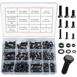 128 Pcs Flat Hex Bolts and Hex Nuts and Washers Assortment Set, Heavy Duty Metric M6 M8 M10 (128 Black)
